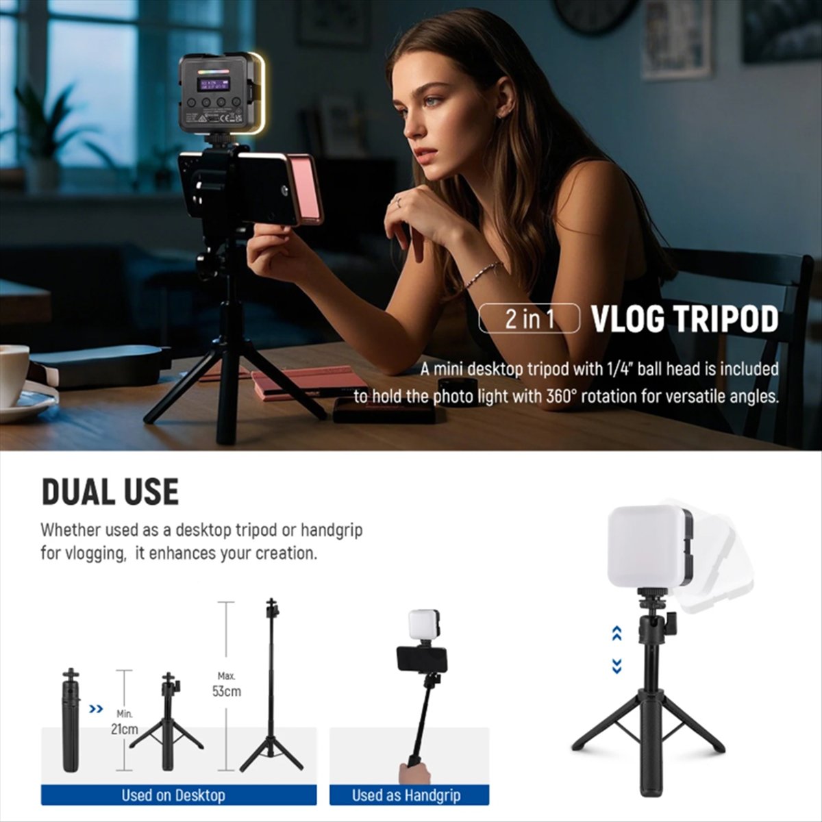 Photography Lighting App - Верхний магнитный RGB-видеосвет с настольной подставкой-штативом,